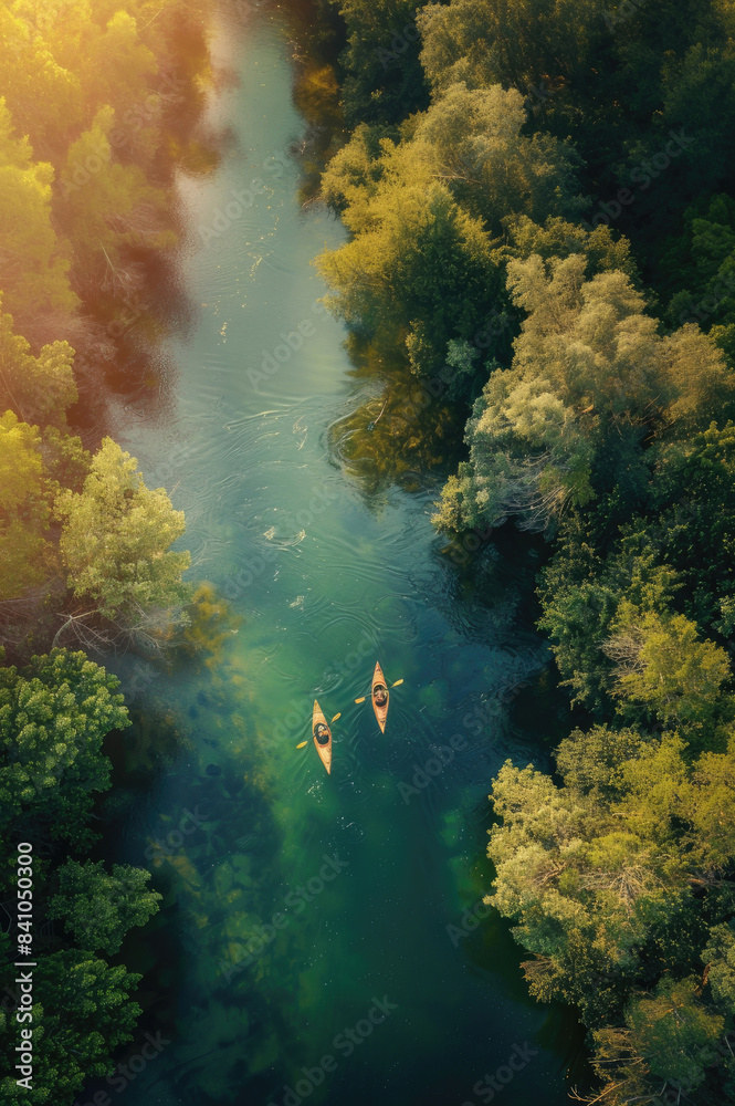 Two people in kayaks are paddling down a river surrounded by trees Two people in kayaks are paddling down a river surrounded by trees
