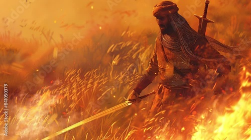Arabic knight standing valiantly amidst blazing grassland, symbolizing courage and resilience
 Seamless looping 4k time-lapse virtual video animation background. Generated AI photo