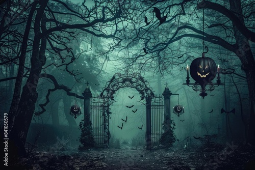 Spooky haunted forest with eerie mist, gothic gate, bats, and jack-o'-lanterns. Perfect for Halloween and horror themed visuals.