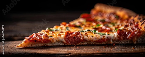 Close-up of a delicious pepperoni pizza slice on a wooden surface, showcasing melted cheese and herbs in a rustic setting.