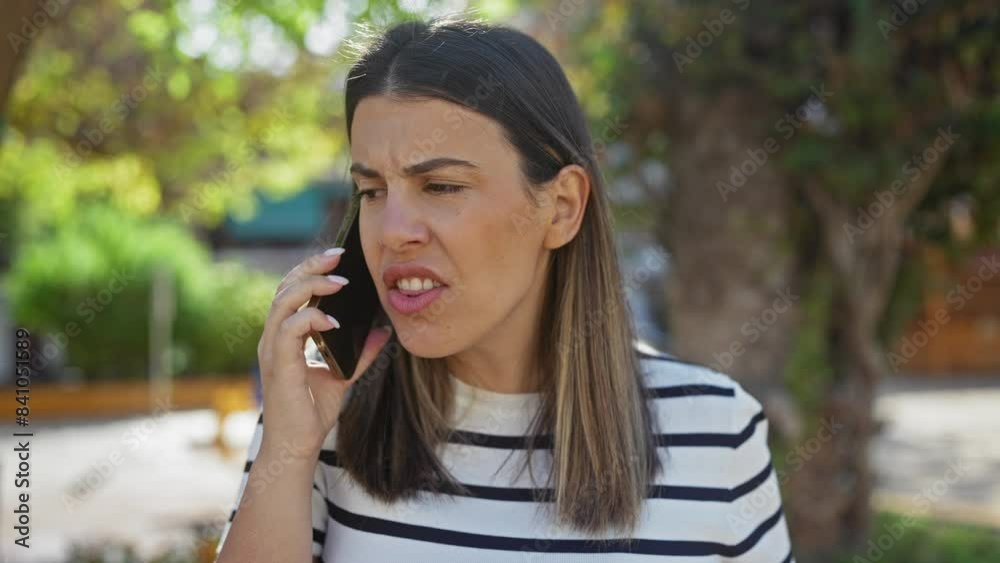 A young attractive hispanic brunette woman speaks on her phone in an urban outdoor park setting, expressing concern and focus in her eyes while standing amidst city greenery. A young attractive hispanic brunette woman speaks on her phone in an urban outdoor park setting, expressing concern and focus in her eyes while standing amidst city greenery.