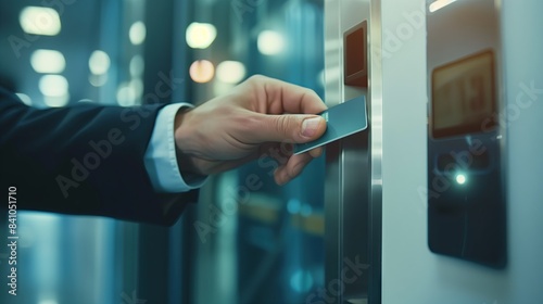 Close-up of businessman's hand using a card scanner to enter or exit a modern office workspace. Gateway and electronic card reader for security.