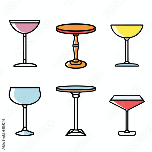 Set six different types glassware tables illustrations. Collection includes various designs wine glasses high tables. Bright colors, simple outlines, minimalist style represented