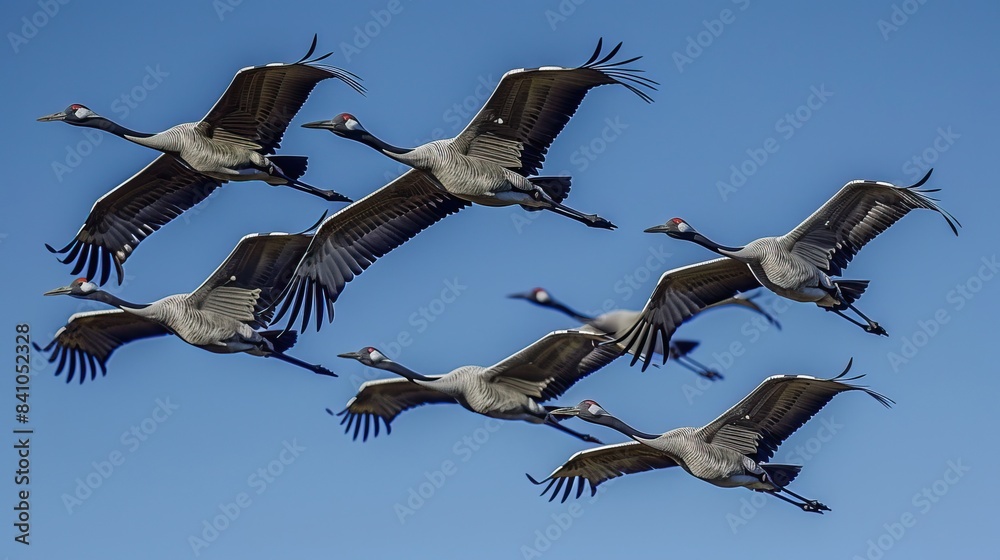Obraz premium cranes flying in formation in the blue sky 