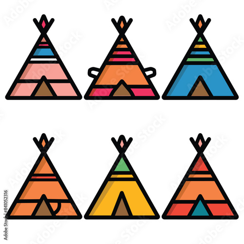 Six colorful teepees designed modern, simplistic style, teepee features unique color combinations graphic patterns. Set against clean white background suitable various applications