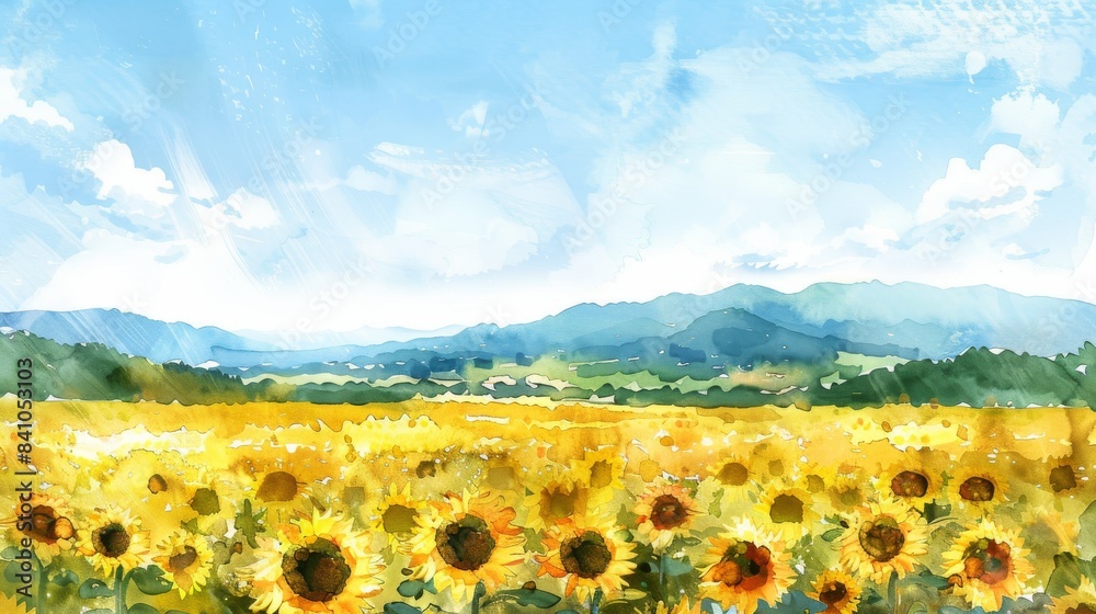 Obraz premium sunflower field under a clear blue sky watercolor illustration