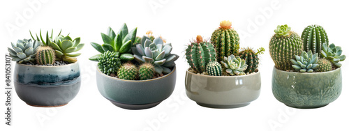 Desain tancollection Set of different mixed cactus and succulents types of small mini plant in modern ceramic nordic vase pot as furniture Isolated on Transparent Background, cut out. PNG