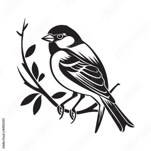 Sparrow on branch silhouette vector icon isolated on white background
