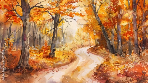 A winding path through an autumn forest watercolor art