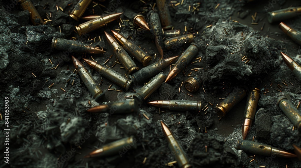 A scattered pile of hollow point bullets, focusing on individual details and textures, raw metal surfaces and gritty background A scattered pile of hollow point bullets, focusing on individual details and textures, raw metal surfaces and gritty background