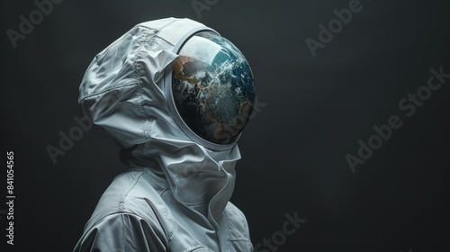 A raw  high-contrast image of a white mask with a transparent section revealing planet Earth inside  emphasizing textures and details
