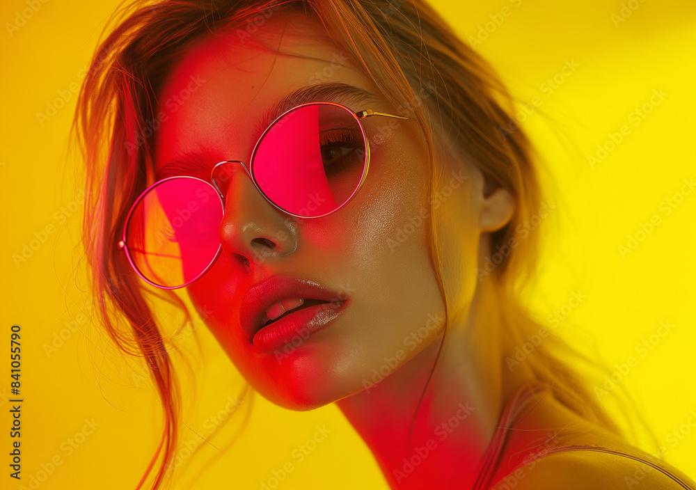 A close-up of a woman wearing round pink sunglasses with bold red and yellow lighting highlighting her features.
A close-up of a woman wearing round pink sunglasses with bold red and yellow lighting highlighting her features.