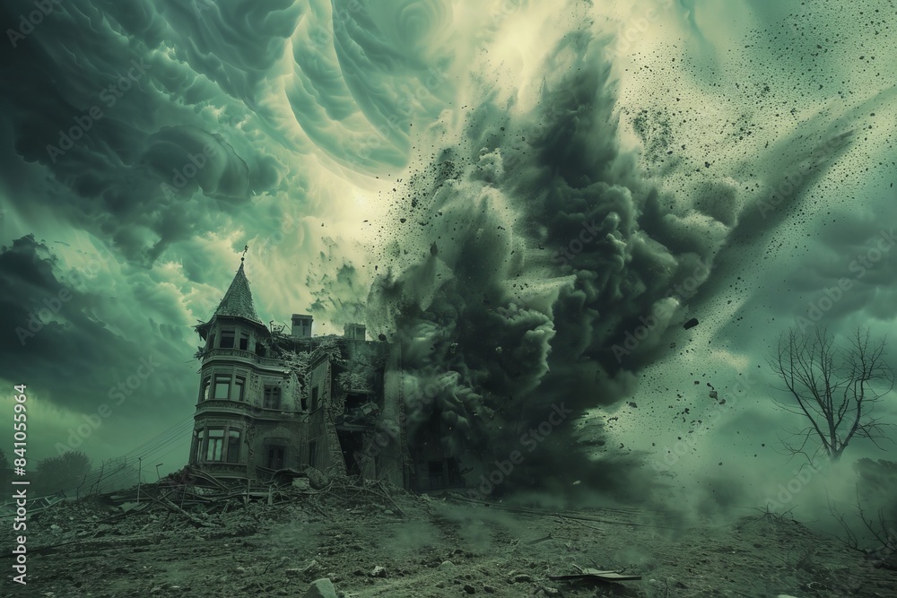 A desolate scene showing a ruined building and a shattered landscape under a turbulent sky