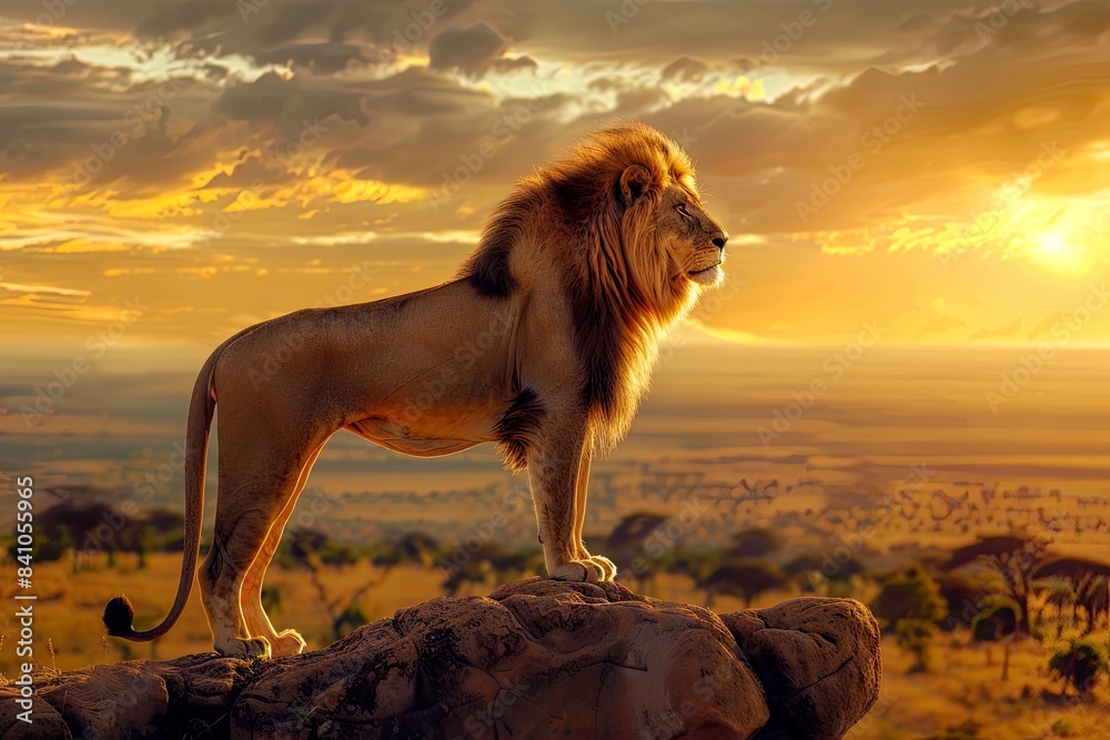 Lion Overlooking Savanna at Sunset Lion Overlooking Savanna at Sunset