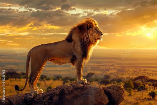 Lion Overlooking Savanna at Sunset © Wan