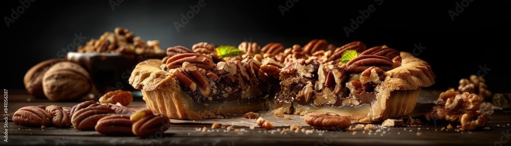 Close-up of a delicious pecan pie with a slice removed, on a dark rustic background, showcasing pecans and a flaky crust. Close-up of a delicious pecan pie with a slice removed, on a dark rustic background, showcasing pecans and a flaky crust.