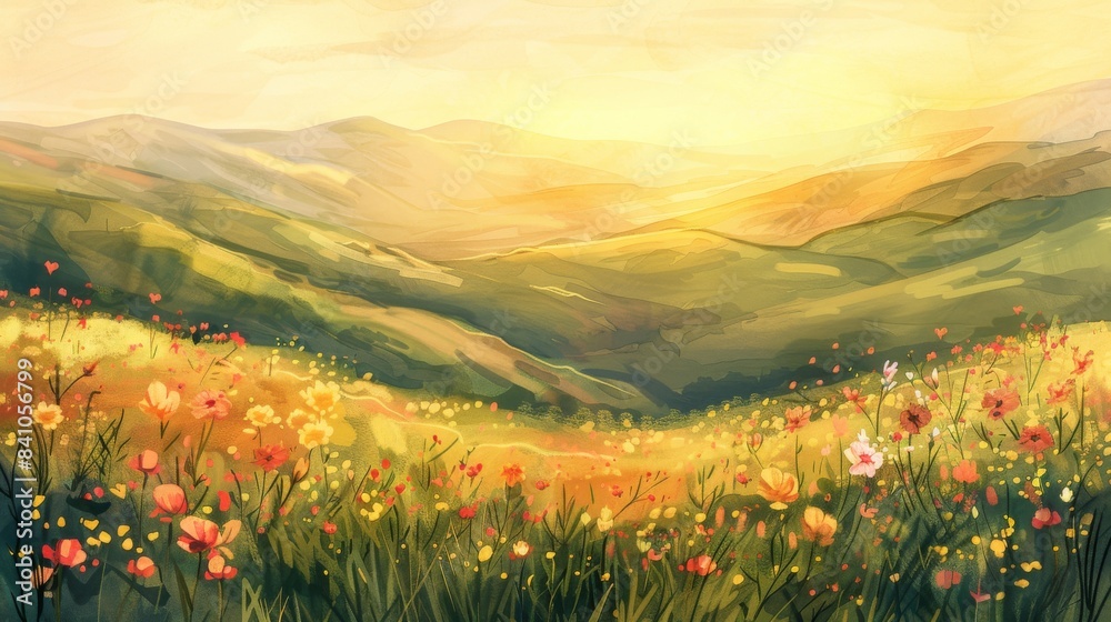 Fototapeta premium Rolling hills covered in wildflowers watercolor illustration