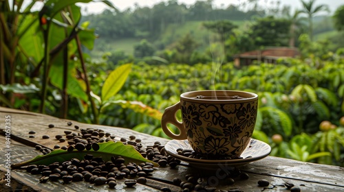 Hot coffee cup with organic coffee beans on the wooden table and the plantations background 