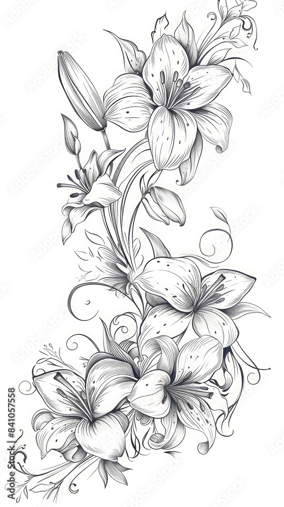 A delicate black and white illustration of lily flowers arranged in a design, wallpaper, card A delicate black and white illustration of lily flowers arranged in a design, wallpaper, card