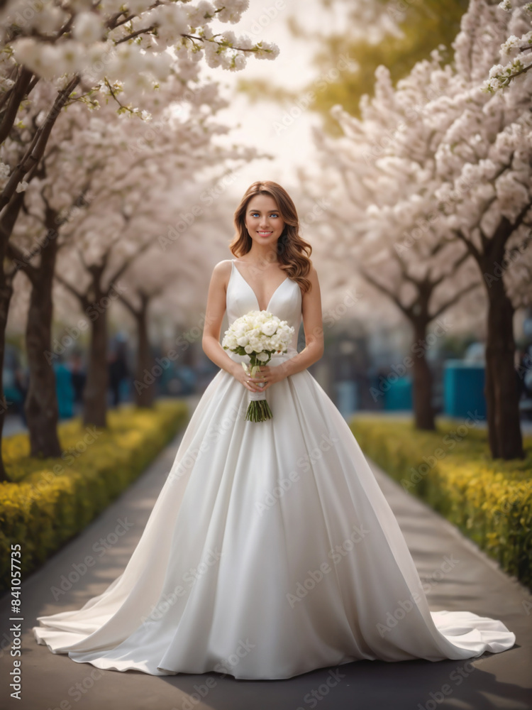 A bride holds a white flower bouquet on a path lined with cherry blossom trees. - Generative AI