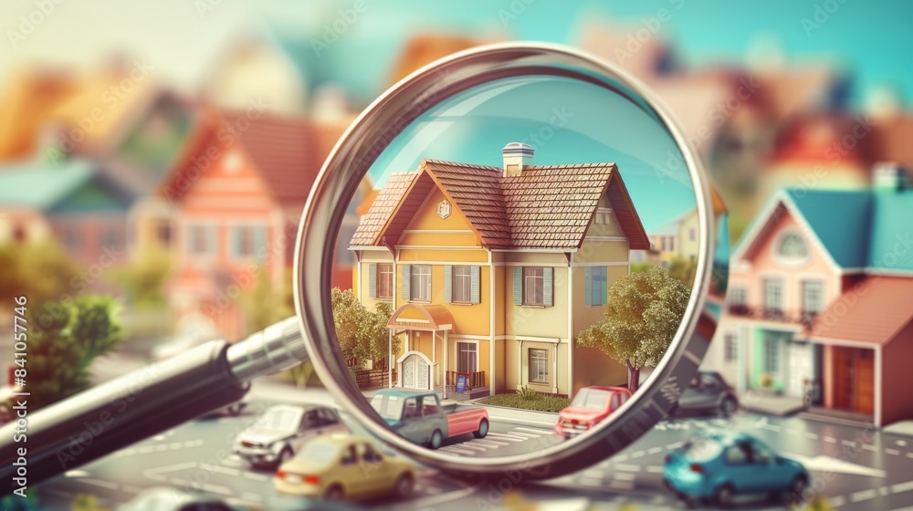 house searching, colorful mini model homes being viewed through magnifying glass, 3d render illustration house searching, colorful mini model homes being viewed through magnifying glass, 3d render illustration