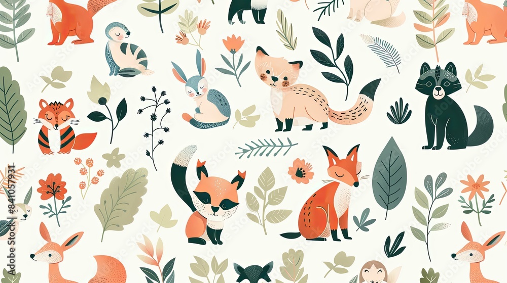 Wallpaper with various cute cartoon animals and pastel flowers.