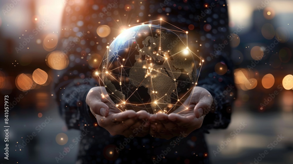 Fototapeta premium Businessman hold global business globe with network connected to digital marketing strategy and creative solution. Business development technology to support creativity idea