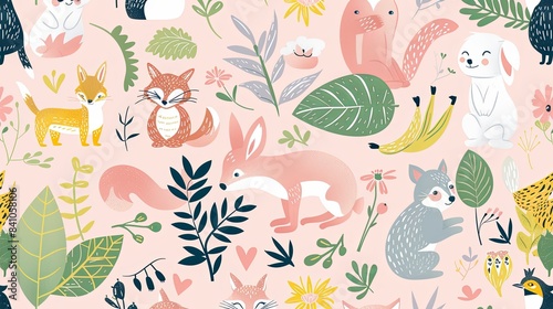Wallpaper with various cute cartoon animals and pastel flowers.