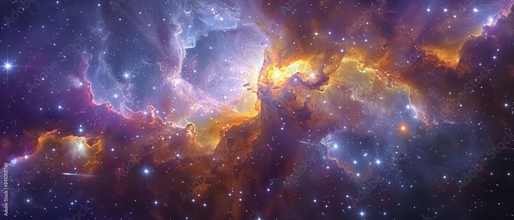 Naklejka premium Close up, Celestial Dreams, a mesmerizing array of star clusters and nebulae, with swirling gases and bright stars illuminating the vastness of space