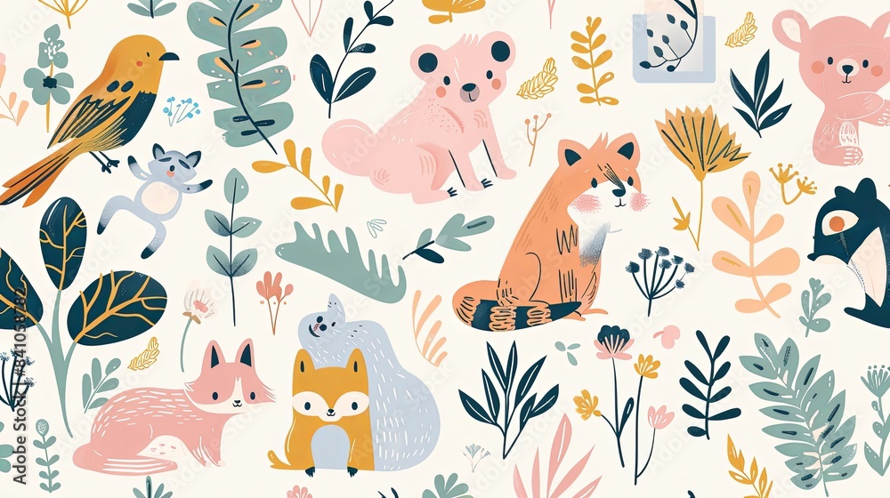 Fototapeta premium Wallpaper with various cute cartoon animals and pastel flowers.