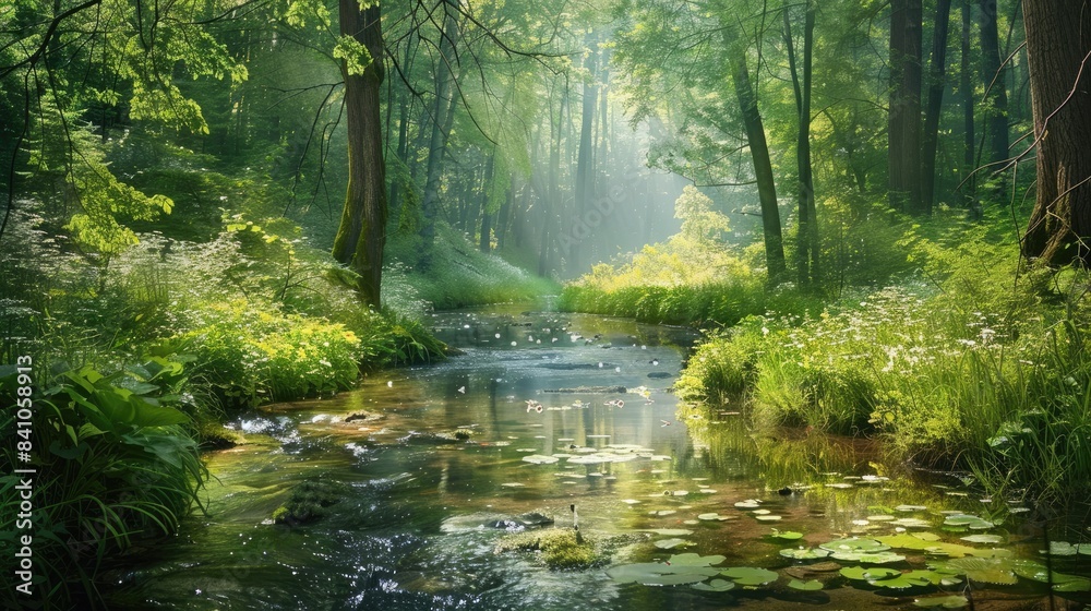 Fototapeta premium Spring Forest with a Tranquil Stream Serene Scenery for Reflection