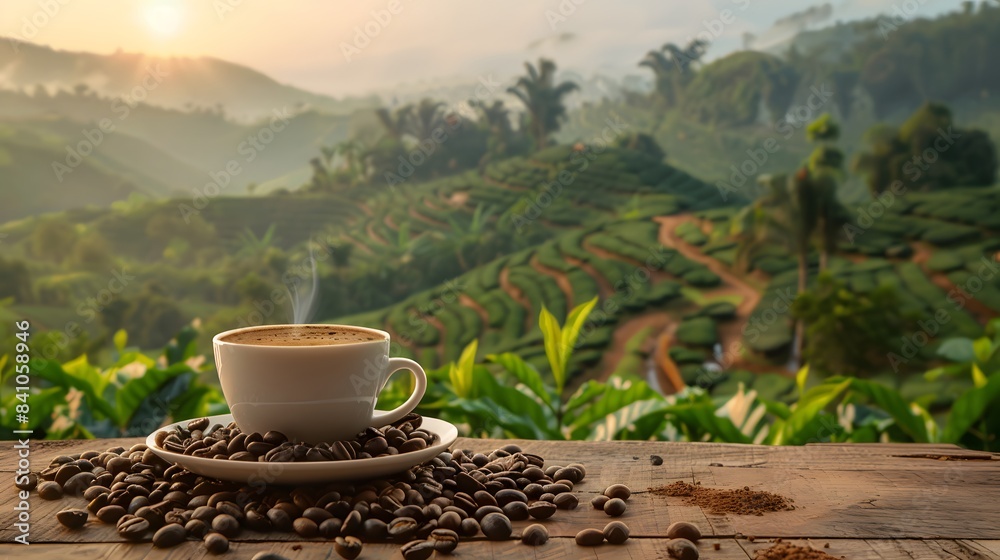 a cup of coffee on a wooden table in the morning with a plantation in the background