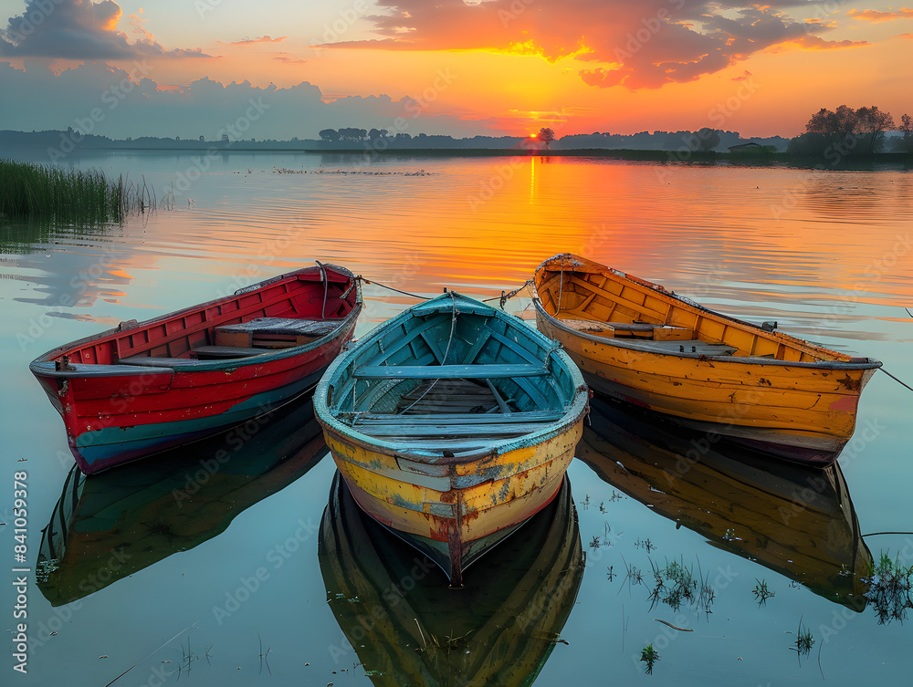 Obraz premium Panoramic view of boats moored in lake against sky