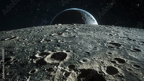 A realistic photo of the surface of the Moon with craters and lunar soil, Earth visible in the distance, detailed and lifelike