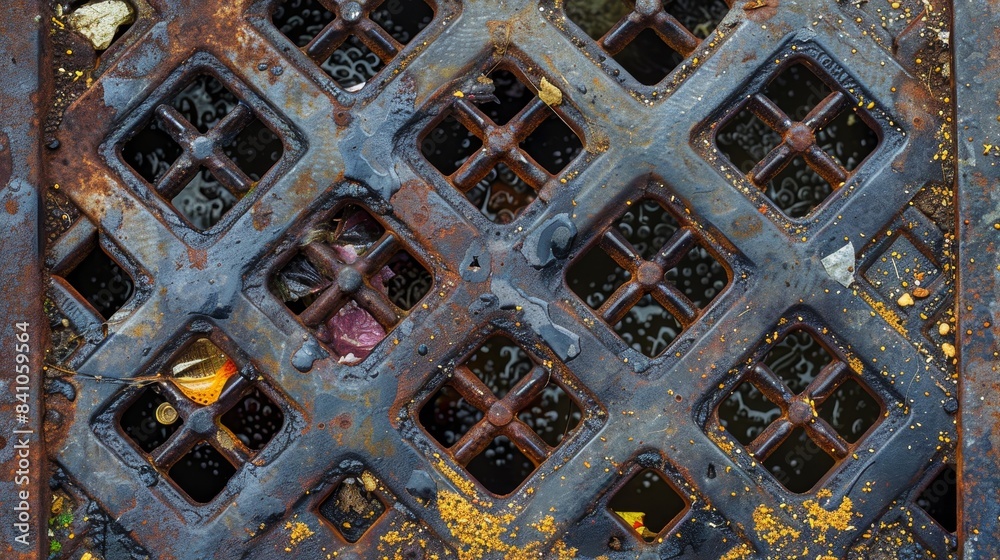 Detailed close-up of a drainage grate with a grid frame, showcasing steel texture, rust spots, and various waste materials caught within Detailed close-up of a drainage grate with a grid frame, showcasing steel texture, rust spots, and various waste materials caught within