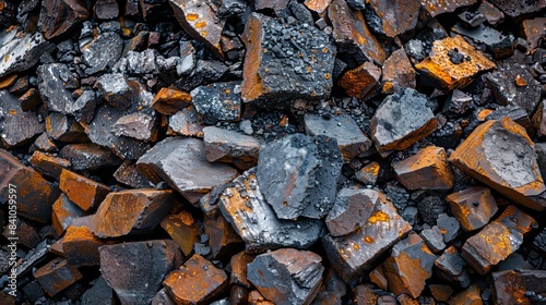 Detailed heap of steel slags and iron lumps, showing the intricate textures and raw, industrial nature of metallurgical recycling materials