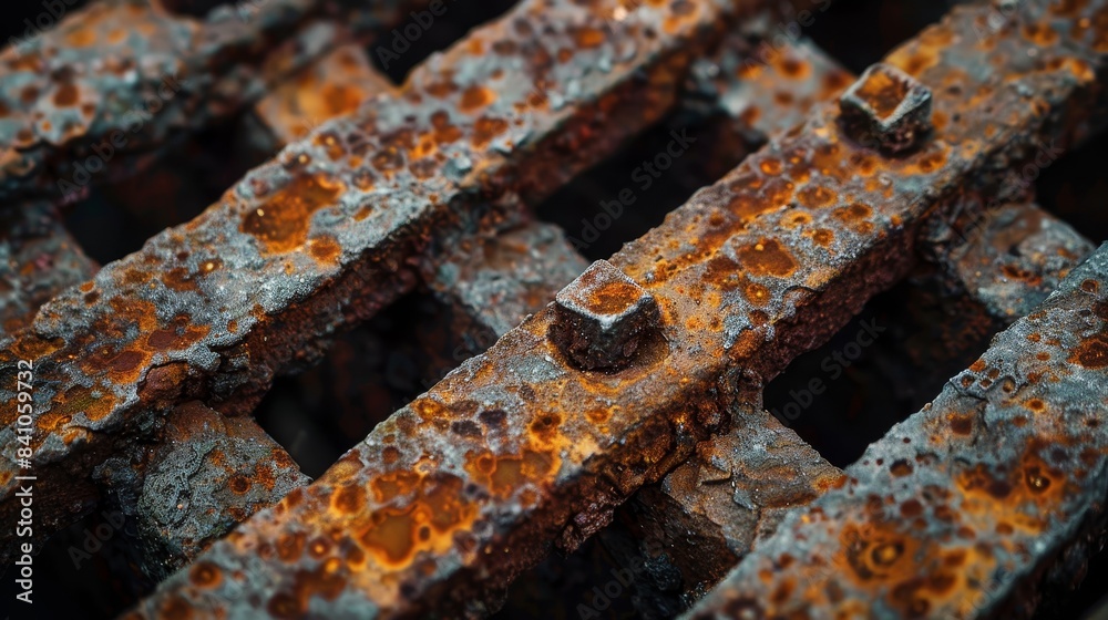 Close-up of rusty iron bars with peeling paint, textures showing deep corrosion, capturing the rough and raw nature Close-up of rusty iron bars with peeling paint, textures showing deep corrosion, capturing the rough and raw nature