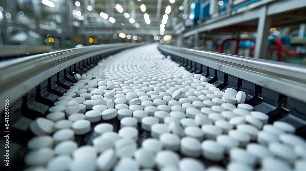 Pharmaceutical manufacturing line with white pills on conveyor belt in factory setting, illustrating large-scale production and medication processing. Pharmaceutical manufacturing line with white pills on conveyor belt in factory setting, illustrating large-scale production and medication processing.