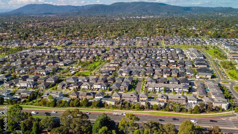 Aerial hyperlapse, dronelapse video of contemporary houses in Melbourne of Australia