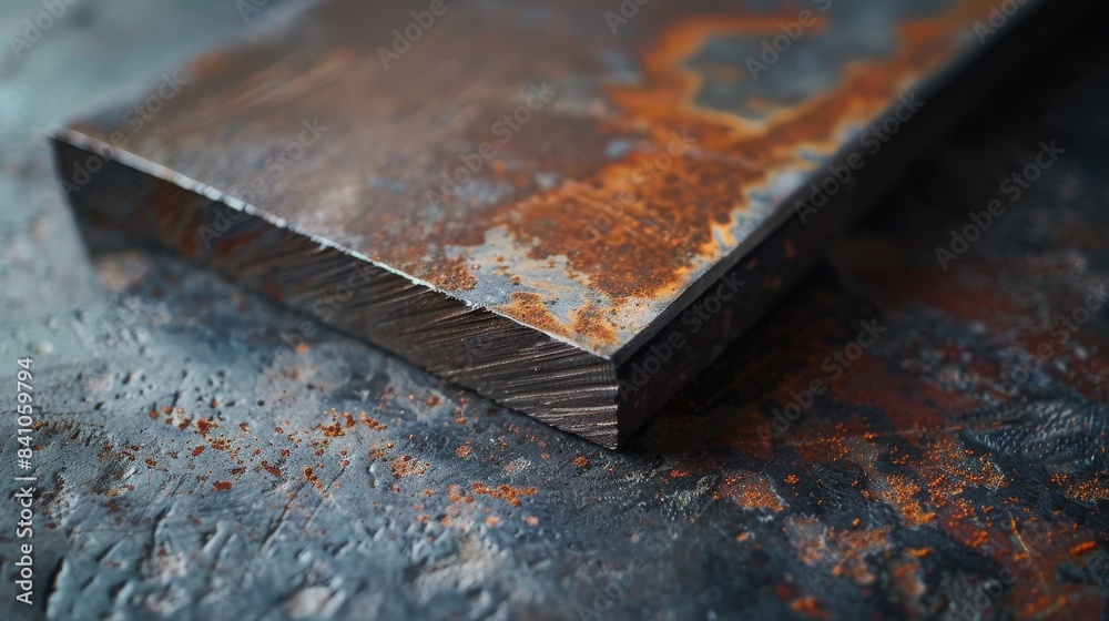 Close-up of the edge of a steel T-bar, focusing on the rough cut marks and subtle rust patches, emphasizing industrial aesthetics Close-up of the edge of a steel T-bar, focusing on the rough cut marks and subtle rust patches, emphasizing industrial aesthetics
