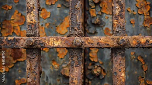 Close-up of rusty iron bars with cracks and weathered details, highlighting the texture and natural wear photo
