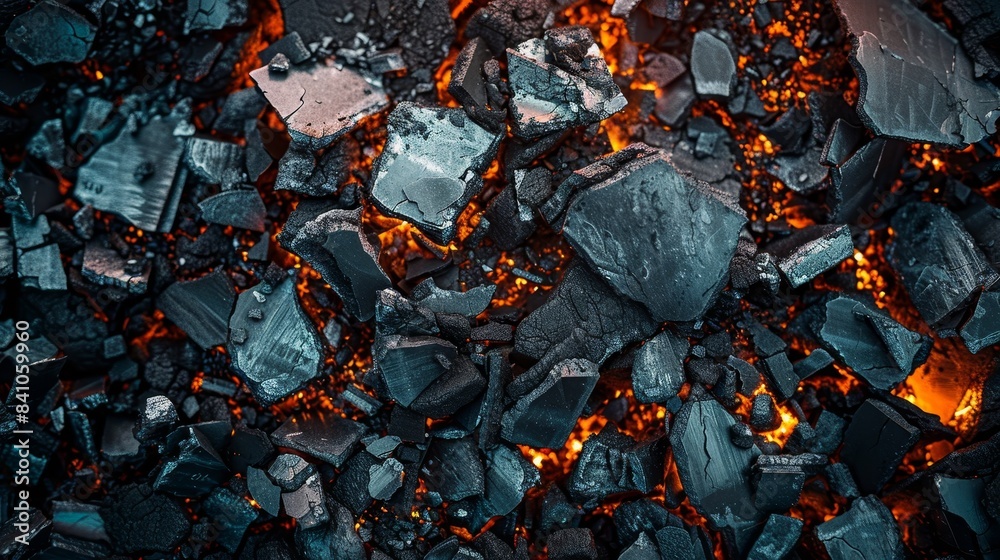 Close-up view of metallurgical waste, a heap of steel slags with sharp, irregular shapes, and iron lumps reflecting ambient light Close-up view of metallurgical waste, a heap of steel slags with sharp, irregular shapes, and iron lumps reflecting ambient light