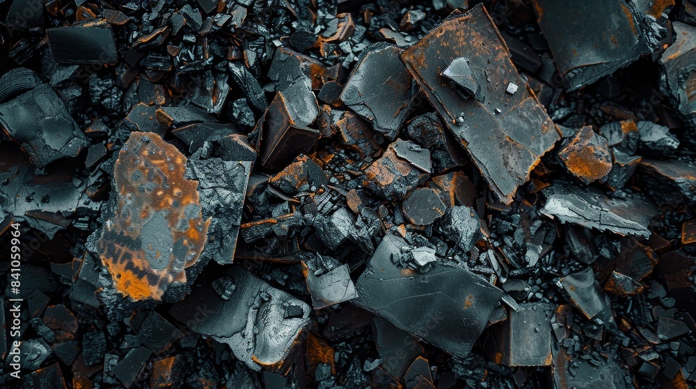 Close-up view of metallurgical waste, a heap of steel slags with sharp, irregular shapes, and iron lumps reflecting ambient light Close-up view of metallurgical waste, a heap of steel slags with sharp, irregular shapes, and iron lumps reflecting ambient light