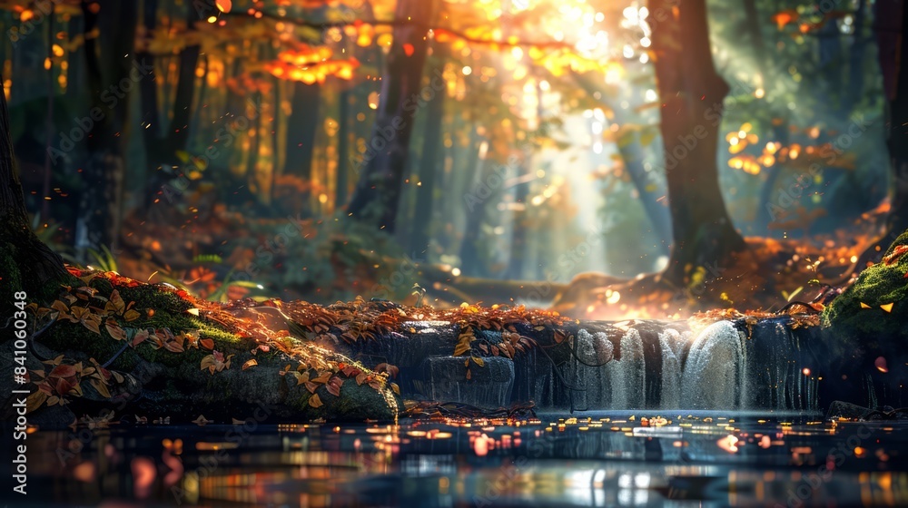 A gentle stream meandering through a lush forest, the sunlight filtering through the trees