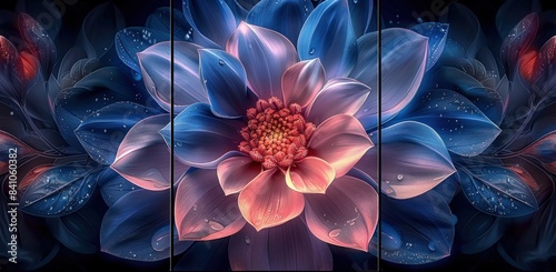 3 panel triptych of a large blue and pink flower with detailed petals, in the digital art style