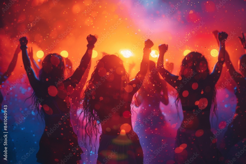 A brightly colored illustration of a dance party rave. A brightly colored illustration of a dance party rave.