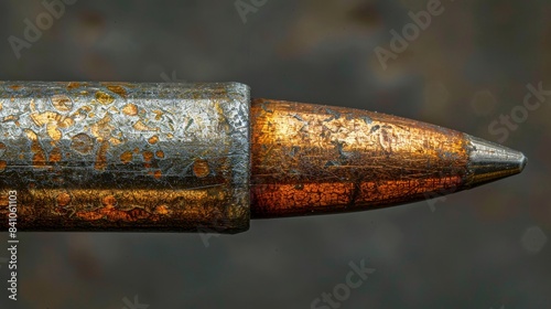 Detailed macro shot of a single hollow point bullet, highlighting the ridges and contours, raw and unfiltered metal finish photo
