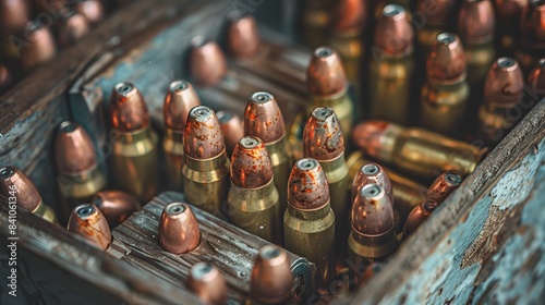 Handgun ammo in a box, focusing on the top layer of hollow point bullets, raw and industrial look with a gritty background photo