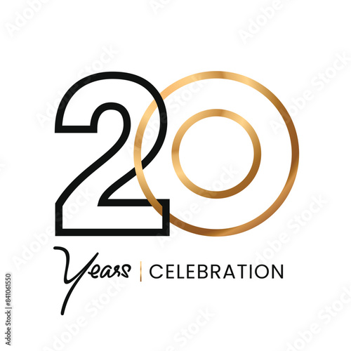 20 years Celebration minimalist line Gold logo abstract Design. Anniversary luxury style. Vector number for icon, label, insigna, seal, tag, sign, seal, symbol, badge, stamp, sticker, emblem, etc.