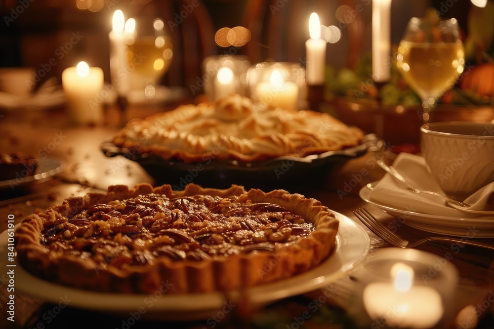 A cozy, warmly-lit Thanksgiving dinner table featuring delicious pies, candlelight, and elegantly set dinnerware, ready for a festive gathering. A cozy, warmly-lit Thanksgiving dinner table featuring delicious pies, candlelight, and elegantly set dinnerware, ready for a festive gathering.